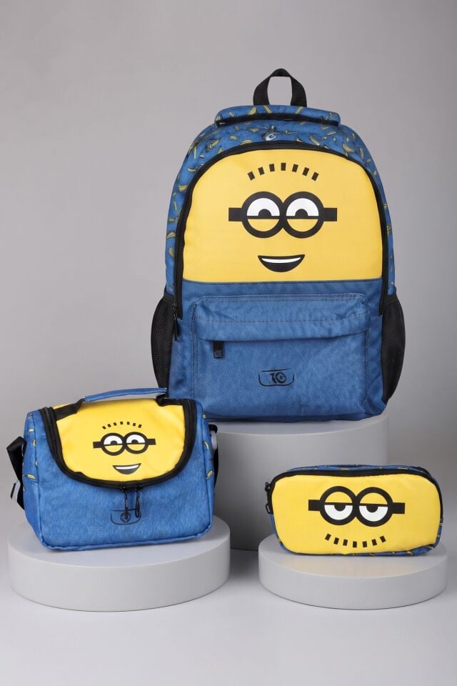 x Dekomus ,  Lisanslı Minions Banana Mood Collection Büyük Boy Okul,Termoslu Beslenme ve Kalem Çantası Seti