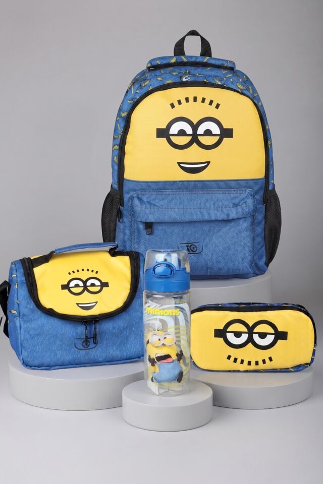 x Dekomus ,  Lisanslı Minions Banana Mood Collection Büyük Boy Okul,Termoslu Beslenme ve Kalem Çantası , Matara Seti