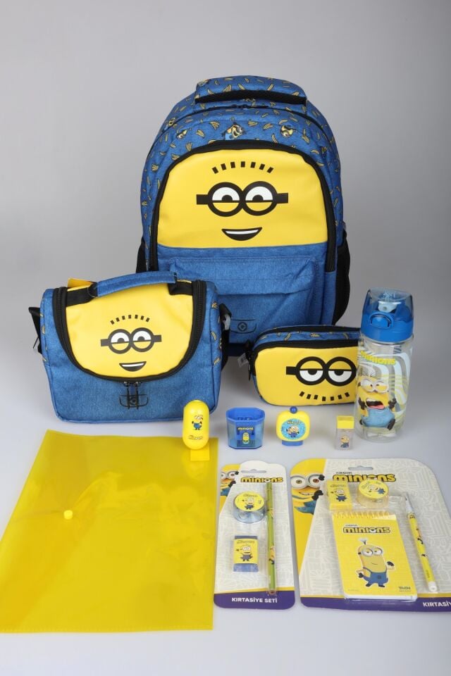 x Dekomus ,  Lisanslı Minions Banana Mood Collection Full Kırtasiye Seti Büyük Boy Okul,Termoslu Beslenme ve Kalem Çantası , Matara Seti