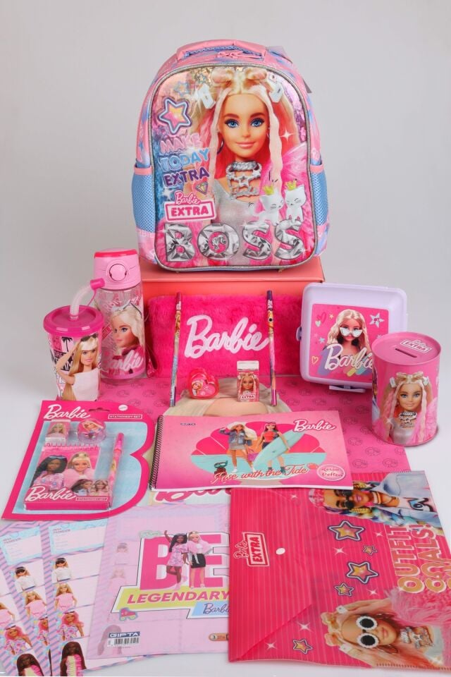 x Dekomus Lisanslı Barbie ''Extra Glam Collection'' 35 Cm Anaokul Ve Tüylü Kalem Çantası İle 500 Ml Matara, Beslenme Kabı Full Kırtasiye Seti