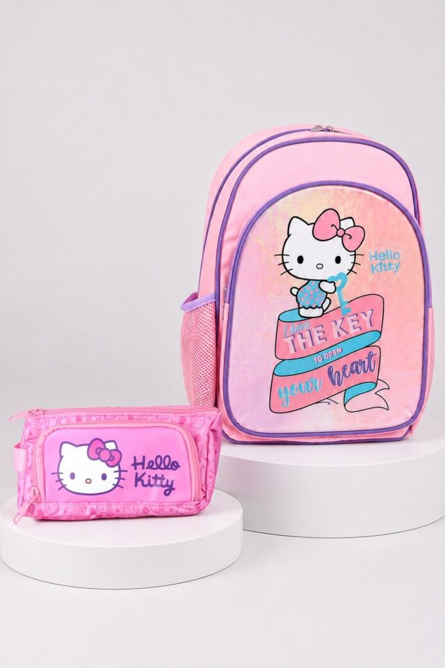 x Dekomus Heart Key Collection Hello Kitty Lisanslı Ortopedik İlkokul Çantası Ve Kalem Çantası Seti