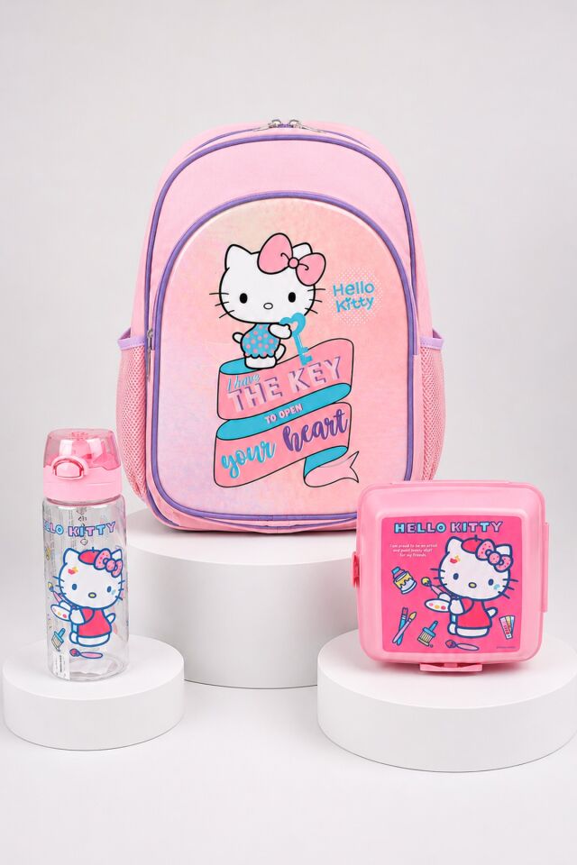 x Dekomus Heart Key Collection Hello Kitty Lisanslı İlkokul Çantası Beslenme Kabı ve Matara Seti