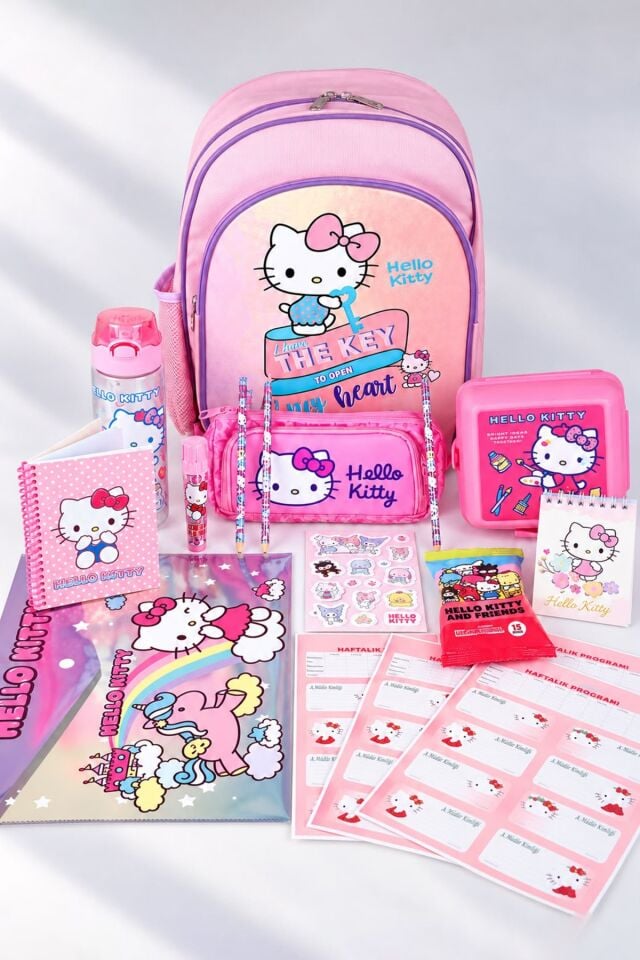 x Dekomus Heart Key Collection Hello Kitty Lisanslı Full Kırtasiye Seti İlkokul Çantası,Beslenme Kabı,Matara