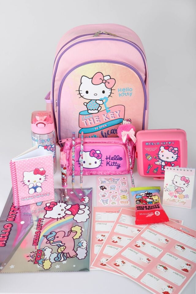 x Dekomus Heart Key Collection Hello Kitty Lisanslı Full Kırtasiye Seti İlkokul Çantası,Beslenme Kabı,Matara