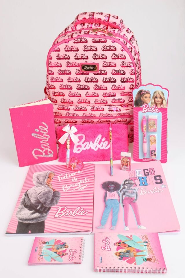 x Dekomus Lisanslı Barbie ''Iconic Monogram Collection'' Büyük Boy Okul Ve Tüylü Çantası Kırtasiye Seti