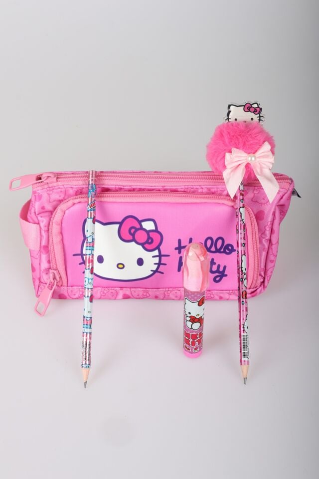 x Dekomus ''Heart Key Collection'' Hello Kitty Lisanslı Kalem Çantası ,Kurdele Tepeli Kurşun Kalem,Roket Silgi ve Kalem Seti