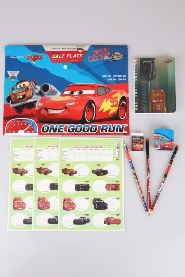 LİSANSLI CARS 9 PARÇA KIRTASİYE SETİ ÇITÇIT DOSYA,24'LÜ OKUL ETİKETİ,BLOKNOT, 3 ADET SİLGİLİ KURŞUN KALEM,KALEMTRAŞ VE SİLGİ