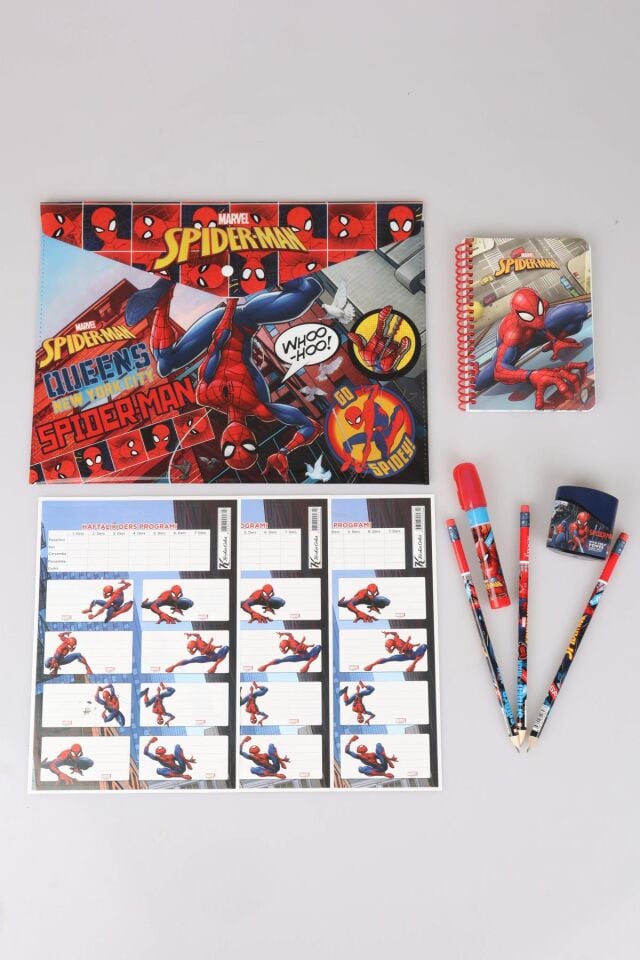 LİSANSLI SPIDERMAN 10 PARÇA KIRTASİYE SETİ,ÇITÇIT DOSYA,OKUL ETİKETİ,BLOKNOT,3 ADET KURŞUN KALEM,KALEMTRAŞ,ROKET SİLGİ