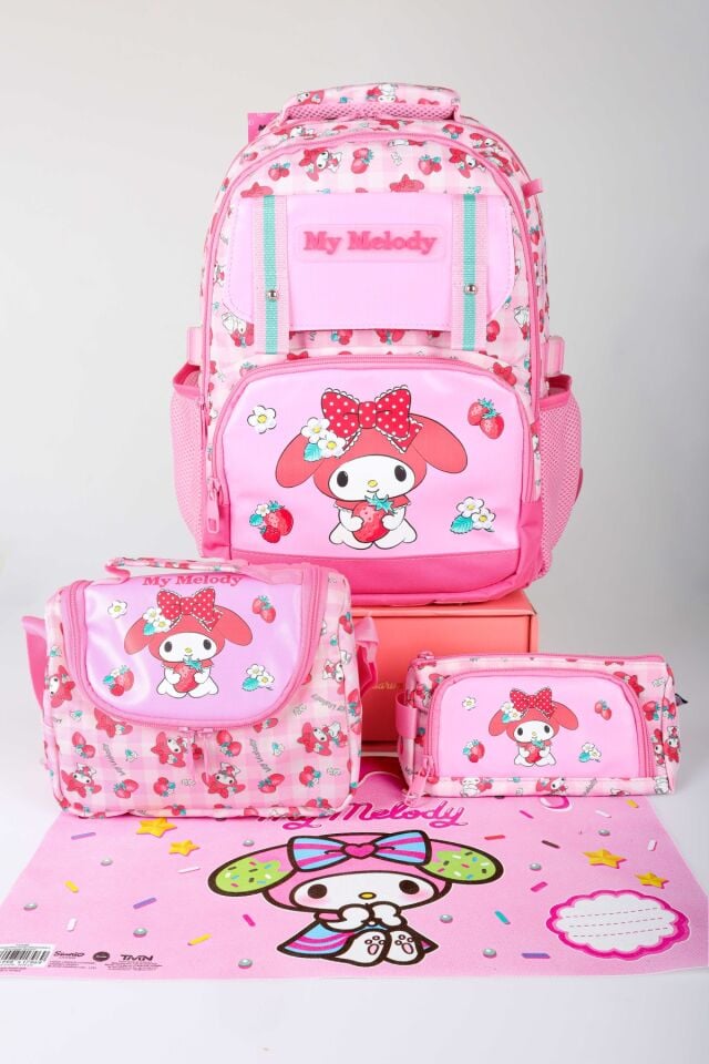 x Dekomus Lisanslı My Melody Sweet Berry Collection Büyük Boy Okul,Termoslu Beslenme ve Kalem Çantası,Beslenme Örtüsü Seti