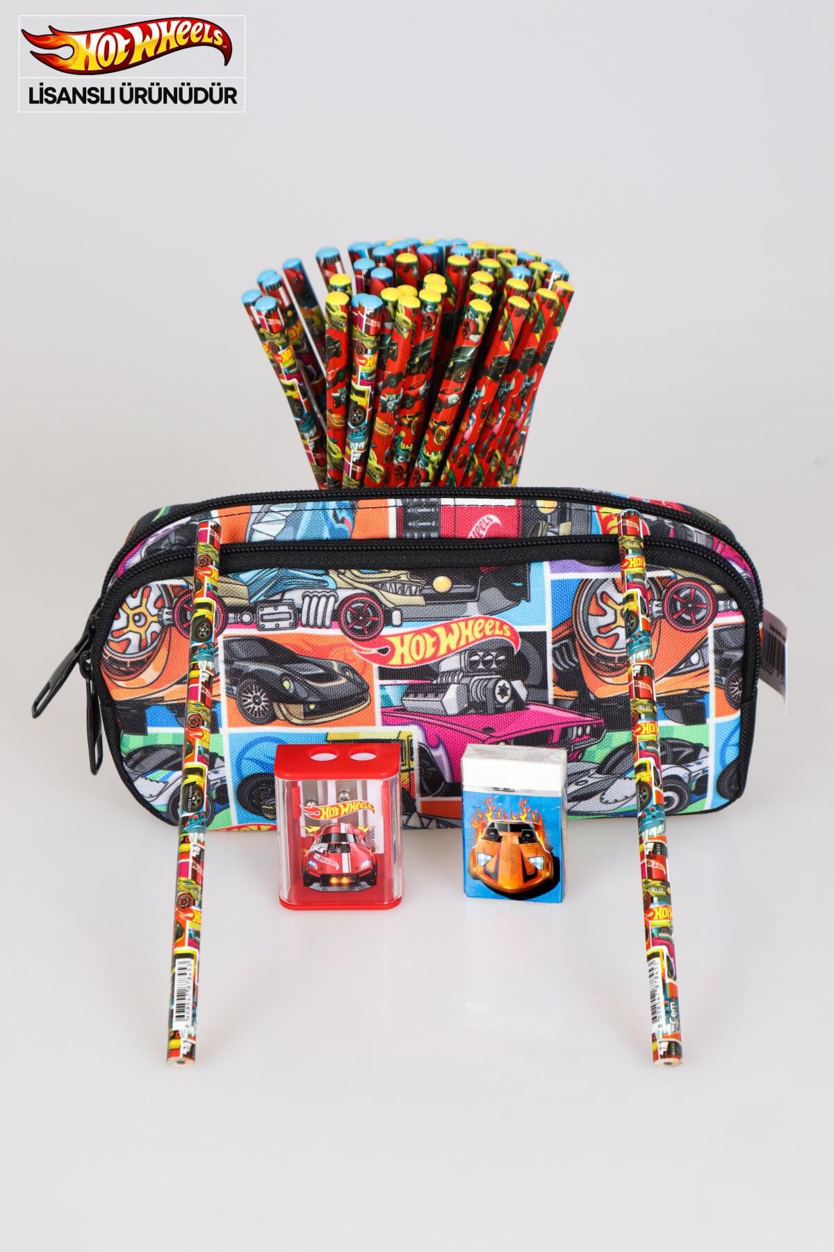 YENİ SEZON LİSANSLI HOT WHEELS KALEM ÇANTASI,2 ADET KURŞUN KALEM,SİLGİ VE ÇİFT BIÇAKLI KALEMTRAŞ KIRTASİYE SETİ