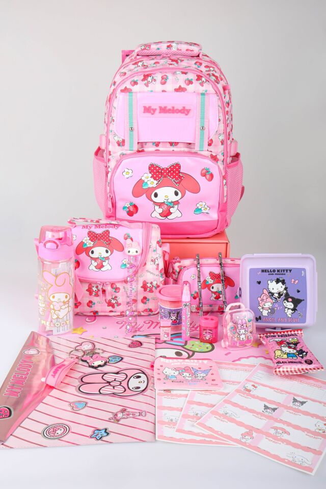 x Dekomus Lisanslı My Melody Sweet Berry Collection Full Kırtasiye Seti Okul,Termoslu Beslenme ve Kalem Çantası,Beslenme Kabı,Matara