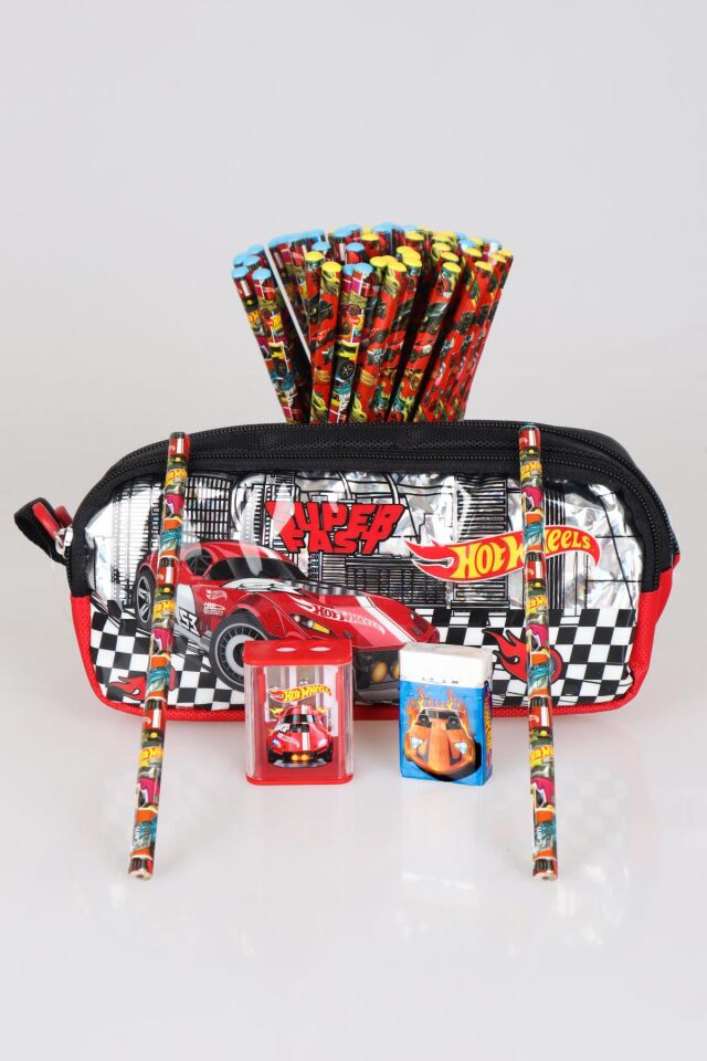 YENİ SEZON LİSANSLI HOT WHEELS KALEM ÇANTASI,2 ADET KURŞUN KALEM,SİLGİ VE ÇİFT BIÇAKLI KALEMTRAŞ KIRTASİYE SETİ