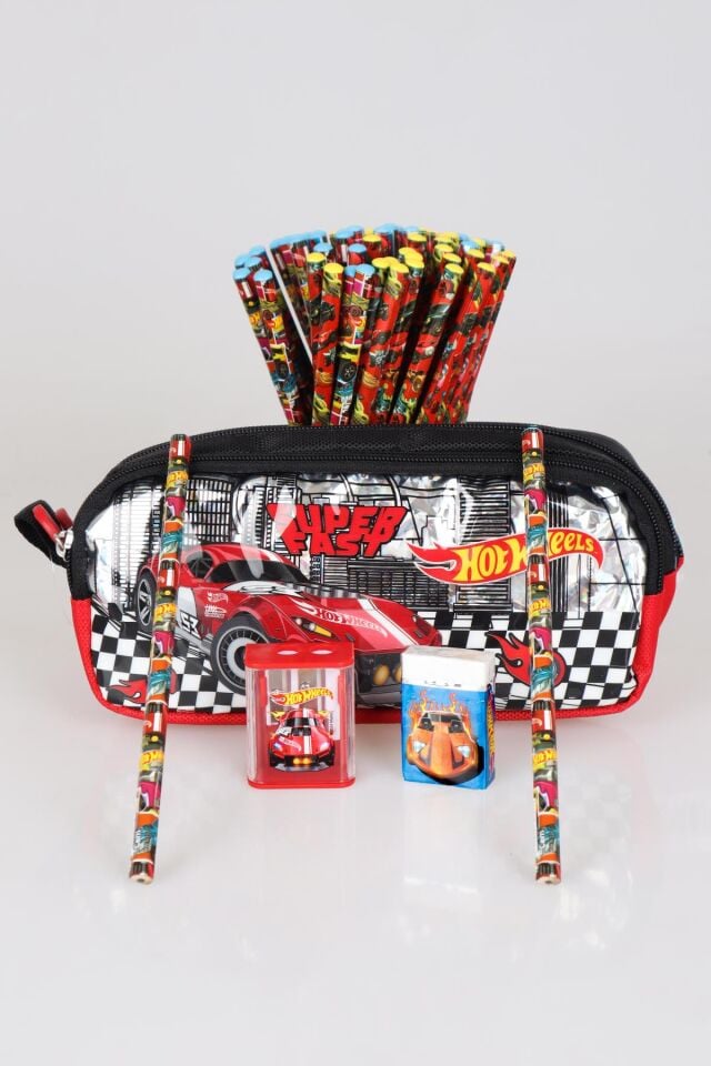YENİ SEZON LİSANSLI HOT WHEELS KALEM ÇANTASI,2 ADET KURŞUN KALEM,SİLGİ VE ÇİFT BIÇAKLI KALEMTRAŞ KIRTASİYE SETİ