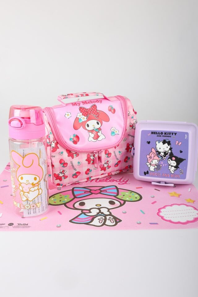 x Dekomus Lisanslı My Melody Sweet Berry Collection Termoslu Beslenme Çantası,Beslenme Kabı,Matara,Beslenme Örtüsü Seti