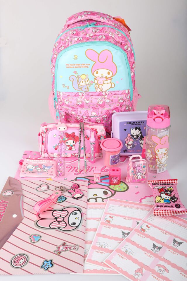 x Dekomus Lisanslı My Melody Melo Pink Collection Full Kırtasiye Seti Okul ve Kalem Çantası,Beslenme Kabı,Matara