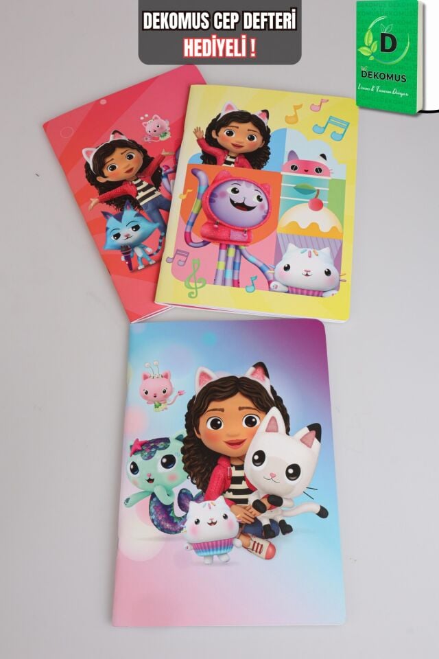 x Dekomus Lisanslı Gabby’s Dollhouse Çizgili Stickerli Defter 40 Yaprak Tek Adet ''Dekomus Cep Defteri Hediyeli''