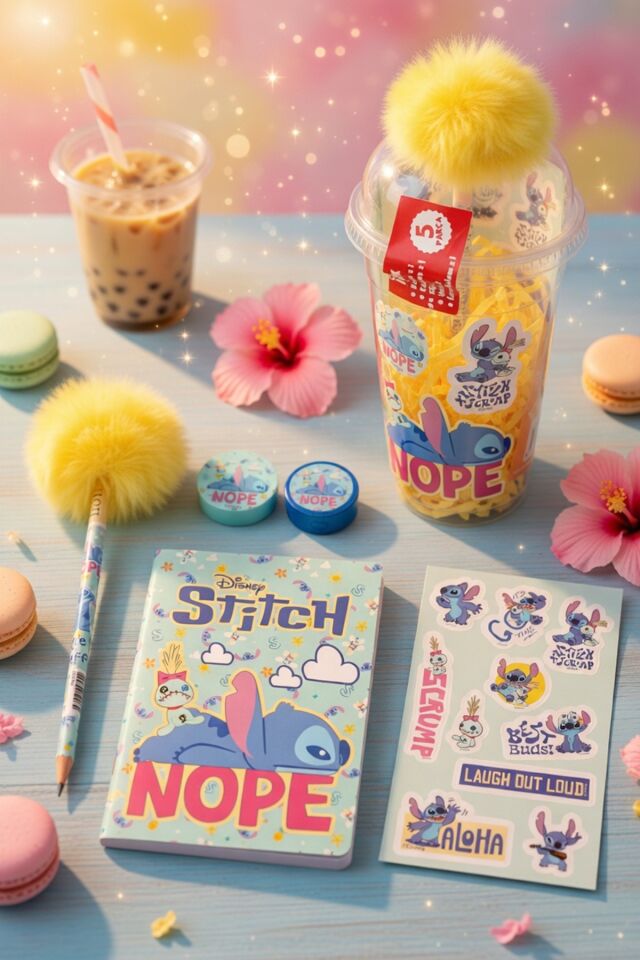 x Dekomus Lisanslı Stitch Aloha Dream Cup 5 Parça Kırtasiye Seti Sticker, Tüylü Kalem ''Dekomus Cep Defteri Hediyeli''