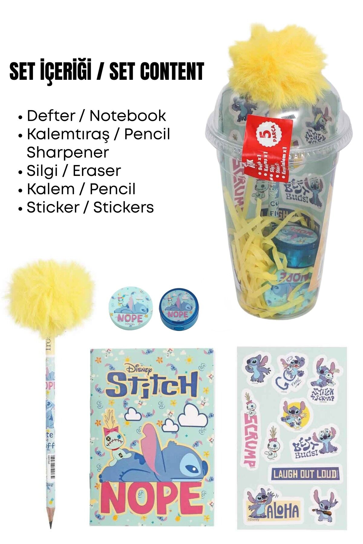 x Dekomus Lisanslı Stitch Aloha Dream Cup 5 Parça Kırtasiye Seti Sticker, Tüylü Kalem ''Dekomus Cep Defteri Hediyeli''