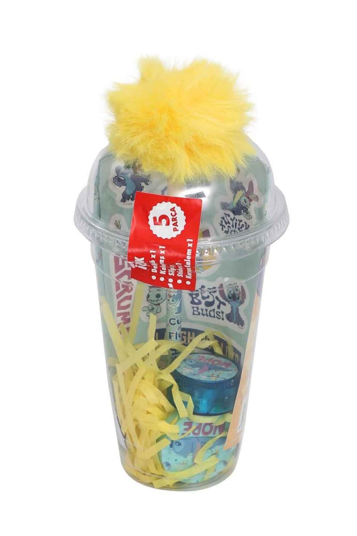 x Dekomus Lisanslı Stitch Aloha Dream Cup 5 Parça Kırtasiye Seti Sticker, Tüylü Kalem ''Dekomus Cep Defteri Hediyeli''