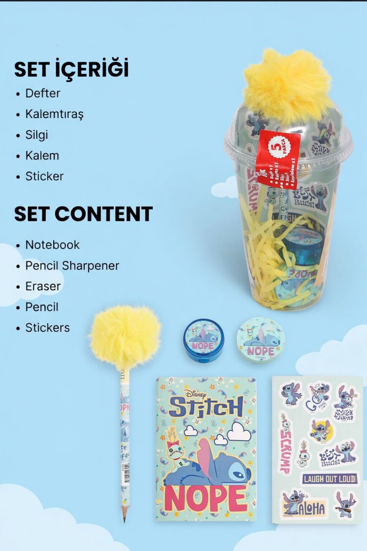 x Dekomus Lisanslı Stitch Aloha Dream Cup 5 Parça Kırtasiye Seti Sticker, Tüylü Kalem ''Dekomus Cep Defteri Hediyeli''