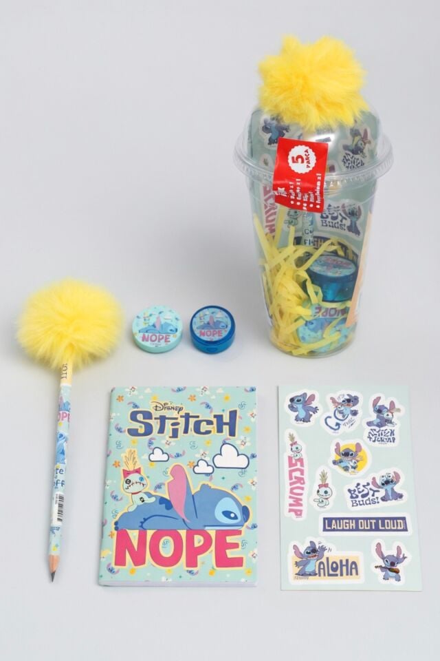 x Dekomus Lisanslı Stitch Aloha Dream Cup 5 Parça Kırtasiye Seti Sticker, Tüylü Kalem ''Dekomus Cep Defteri Hediyeli''