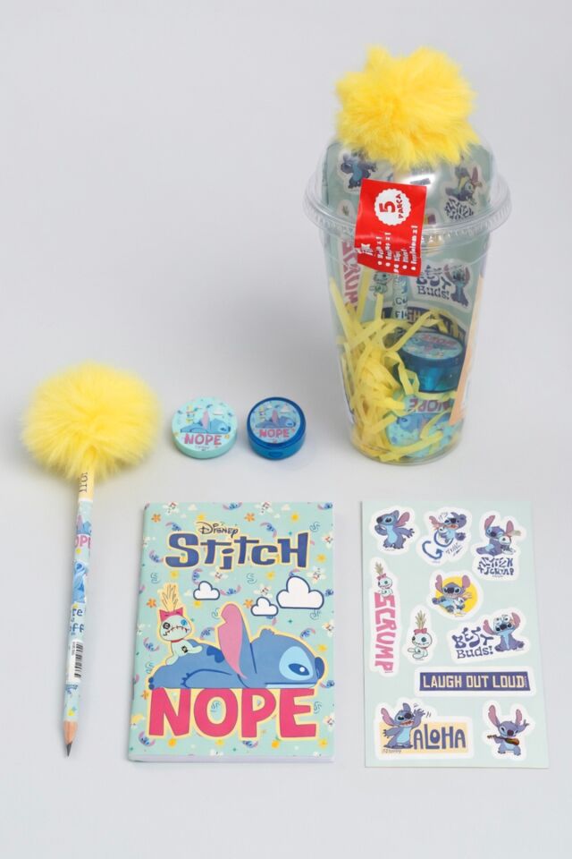 x Dekomus Lisanslı Stitch Aloha Dream Cup 5 Parça Kırtasiye Seti Sticker, Tüylü Kalem ''Dekomus Cep Defteri Hediyeli''