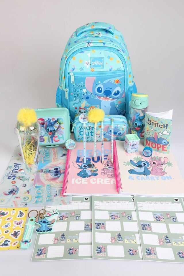 x Dekomus Lisanslı Stitch ''Galaxy Pop Koleksiyonu'' Okul Kırtasiye Seti Okul Ve Kalem Çantası, 500 Ml Matara Ve Beslenme Kabı Seti