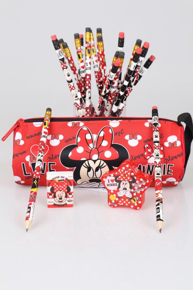 DEKOMUS İLE LİSANSLI MINNIE MOUSE KALEM ÇANTASI ,2 ADET SİLGİLİ KURŞUN KALEM,SİLGİ VE YILDIZ KALEMTRAŞ SETİ
