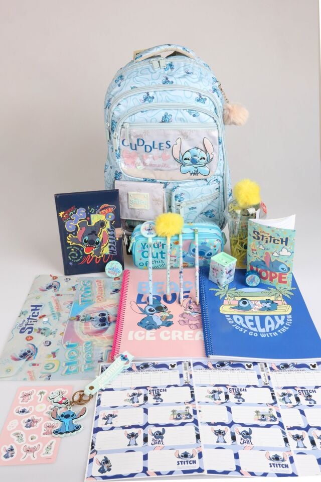 x Dekomus Lisanslı Stitch ''Urban Aloha Collection'' Okul Ve Kalem Çantası, Kilitli Hatıra Defteri, A4 Okul Defteri Kırtasiye Seti