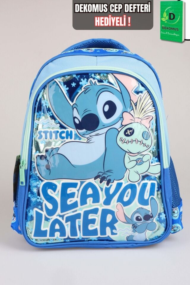 x Dekomus Lisanslı Stitch ''Iconic Blue Collection Collection'' Özel Tasarım Büyük Boy Okul Çantası ''Dekomus Cep Defteri Hediyeli''