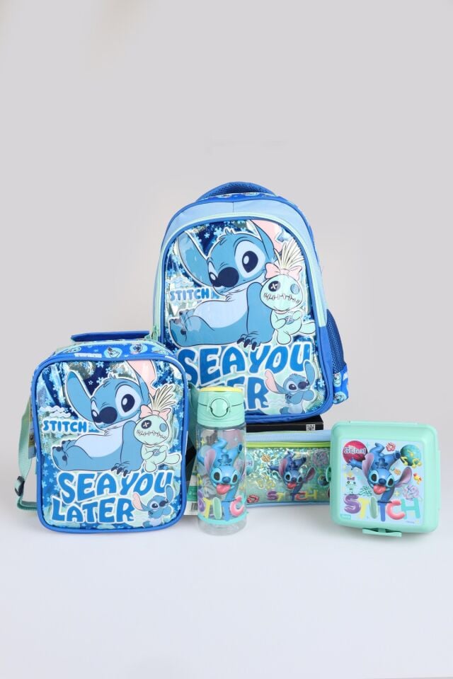 x Dekomus Lisanslı Stitch ''Iconic Blue Collection'' Okul, Termoslu Beslenme Ve Kalem Çantası, 500 Ml Matara Ve Beslenme Kabı Seti