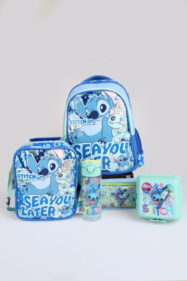 x Dekomus Lisanslı Stitch ''Iconic Blue Collection'' Okul, Termoslu Beslenme Ve Kalem Çantası, 500 Ml Matara Ve Beslenme Kabı Seti