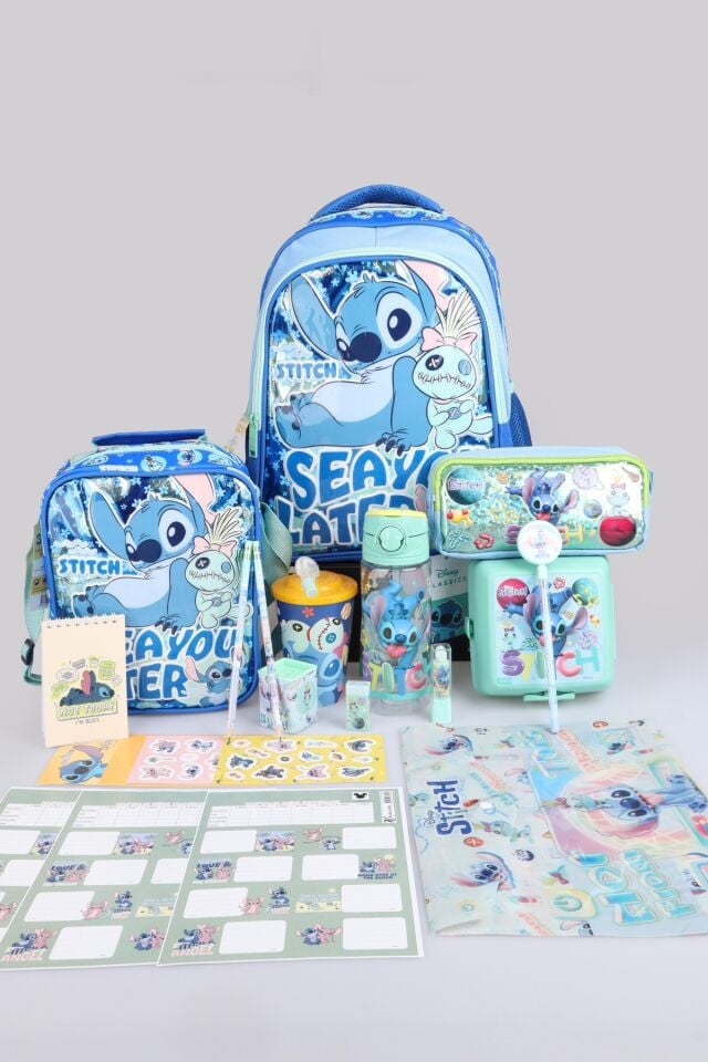 x Dekomus Lisanslı Stitch ''Iconic Blue Collection'' Kırtasiye Seti Okul, Termoslu Beslenme Ve Kalem Çantası, 500 Ml Matara, Beslenme Kabı Seti