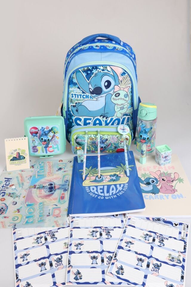 x Dekomus Lisanslı Stitch ''Iconic Blue Collection'' Kırtasiye Seti Okul Ve Kalem Çantası, 500 Ml Matara, Beslenme Kabı Seti