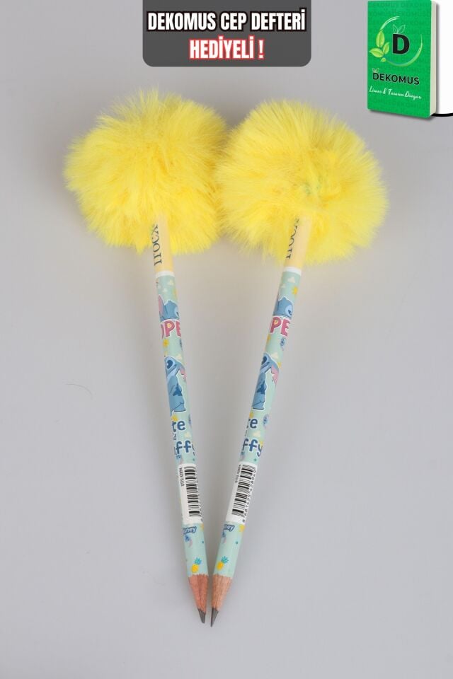 x Dekomus Lisanslı Stitch Özel Seri 2 Adet Fluffy Pop Collection Ponponlu Kurşun Kalem ''Dekomus Cep Defteri Hediyeli''