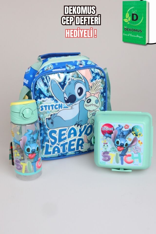 x Dekomus Lisanslı Stitch ''Iconic Blue Collection'' Termoslu Beslenme Çantası, 500 Ml Matara Ve Beslenme Kabı Seti