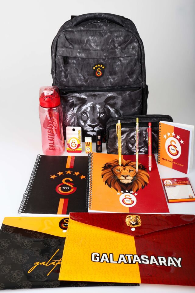 x Dekomus Lisanslı Galatasaray Full Lise Kırtasiye Seti Leon Baskılı Büyük Boy Çantası,Kalem Çantası,700 Ml Matara Seti