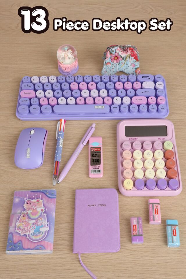 x Dekomus Lavender Candy Office Collection 13 Parça Kablosuz Mouse&Klavye, Hesap Makinası Ve Kırtasiye/Ofis Seti