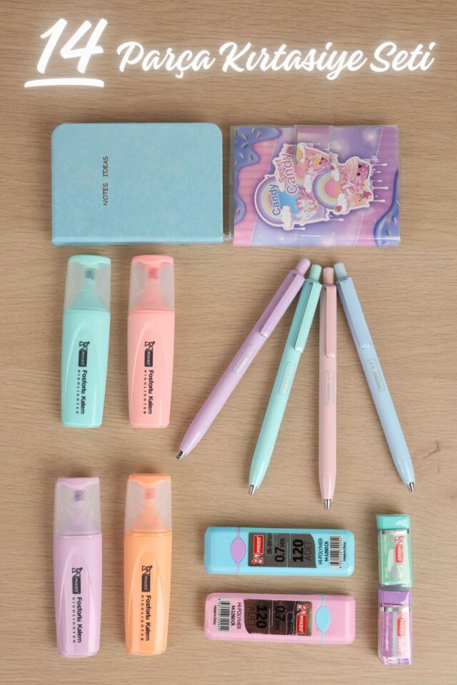 x Dekomus  Pastel Touch Collection 14 Parça Kırtasiye Seti 2 Adet Notebook, 4 Adet Fosforlu Kalem, Uçlu Kalem&2 Adet Tüp Uç, Silgi