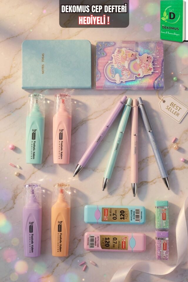 Dekomus x Mikro Pastel Touch Collection 14 Parça Kırtasiye Seti 2 Adet Notebook, 4 Adet Fosforlu Kalem, Uçlu Kalem&2 Adet Tüp Uç, Silgi