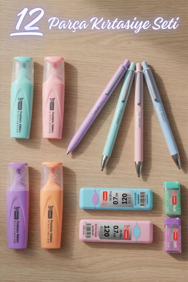 x Dekomus Pastel Touch Collection 12 Parça Kırtasiye Seti 4 Adet Fosforlu Kalem, Uçlu Kalem&2 Adet Tüp Uç, Silgi