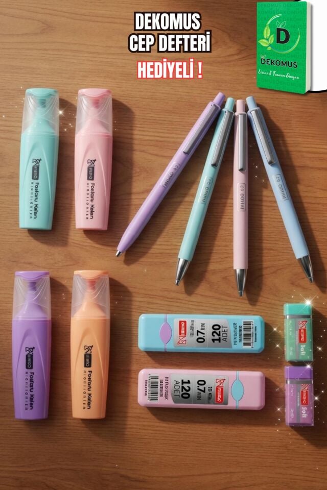 Dekomus x Mikro Pastel Touch Collection 12 Parça Kırtasiye Seti 4 Adet Fosforlu Kalem, Uçlu Kalem&2 Adet Tüp Uç, Silgi