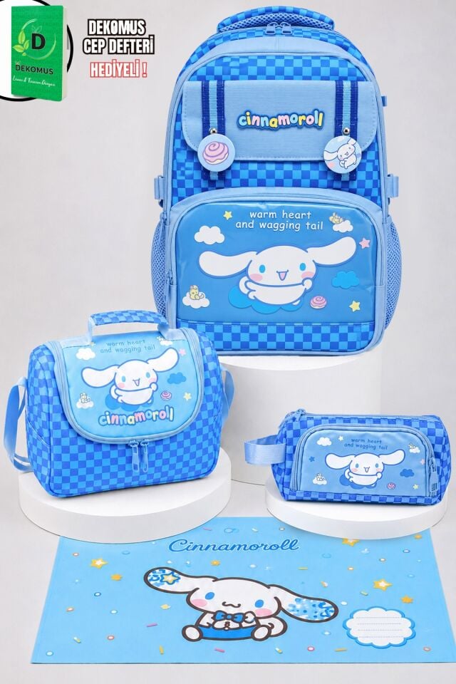 x Dekomus Lisanslı Cinnamoroll Blue Cloud Collection Okul,Termoslu Beslenme ve Kalem Çantası,Beslenme Örtüsü Seti