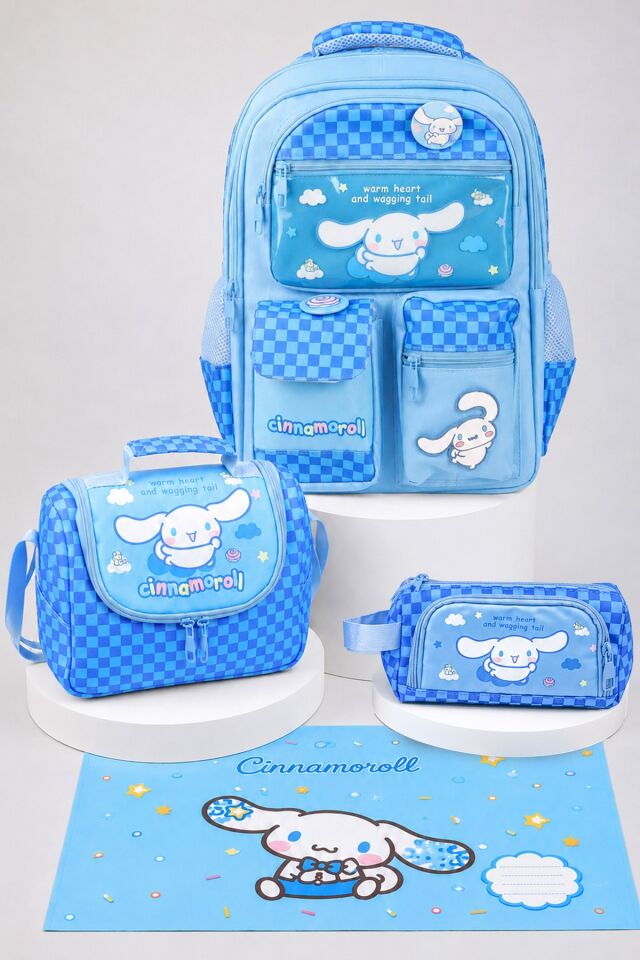 x Dekomus Lisanslı Cinnamoroll Blue Cloud Collection Okul,Termoslu Beslenme ve Kalem Çantası,Beslenme Örtüsü Seti