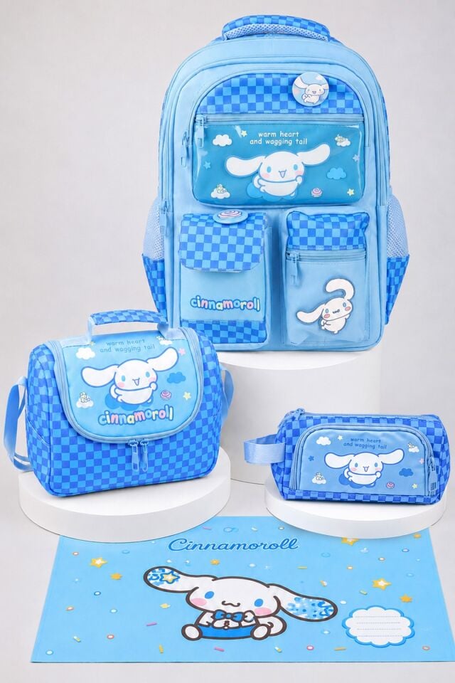 x Dekomus Lisanslı Cinnamoroll Blue Cloud Collection Okul,Termoslu Beslenme ve Kalem Çantası,Beslenme Örtüsü Seti