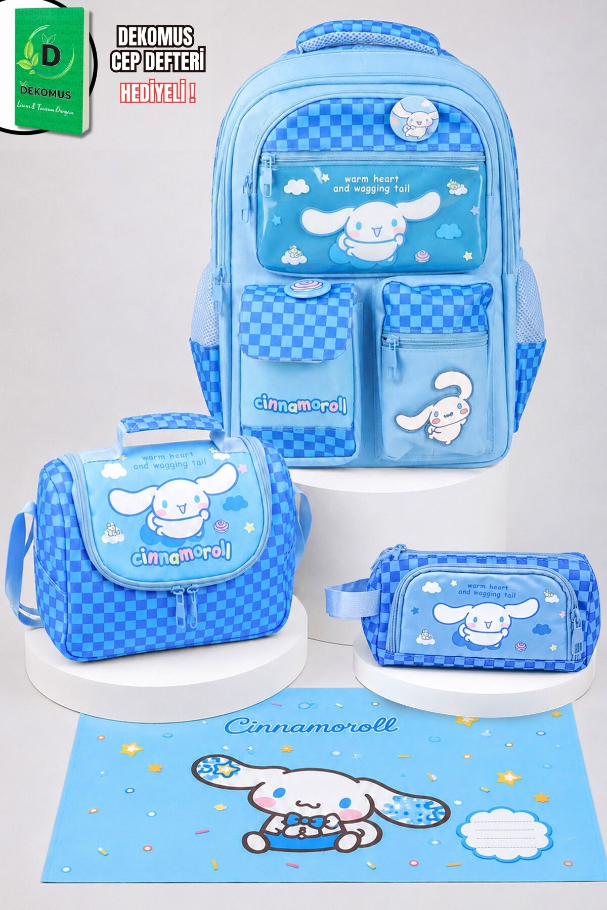 x Dekomus Lisanslı Cinnamoroll Blue Cloud Collection Okul,Termoslu Beslenme ve Kalem Çantası,Beslenme Örtüsü Seti