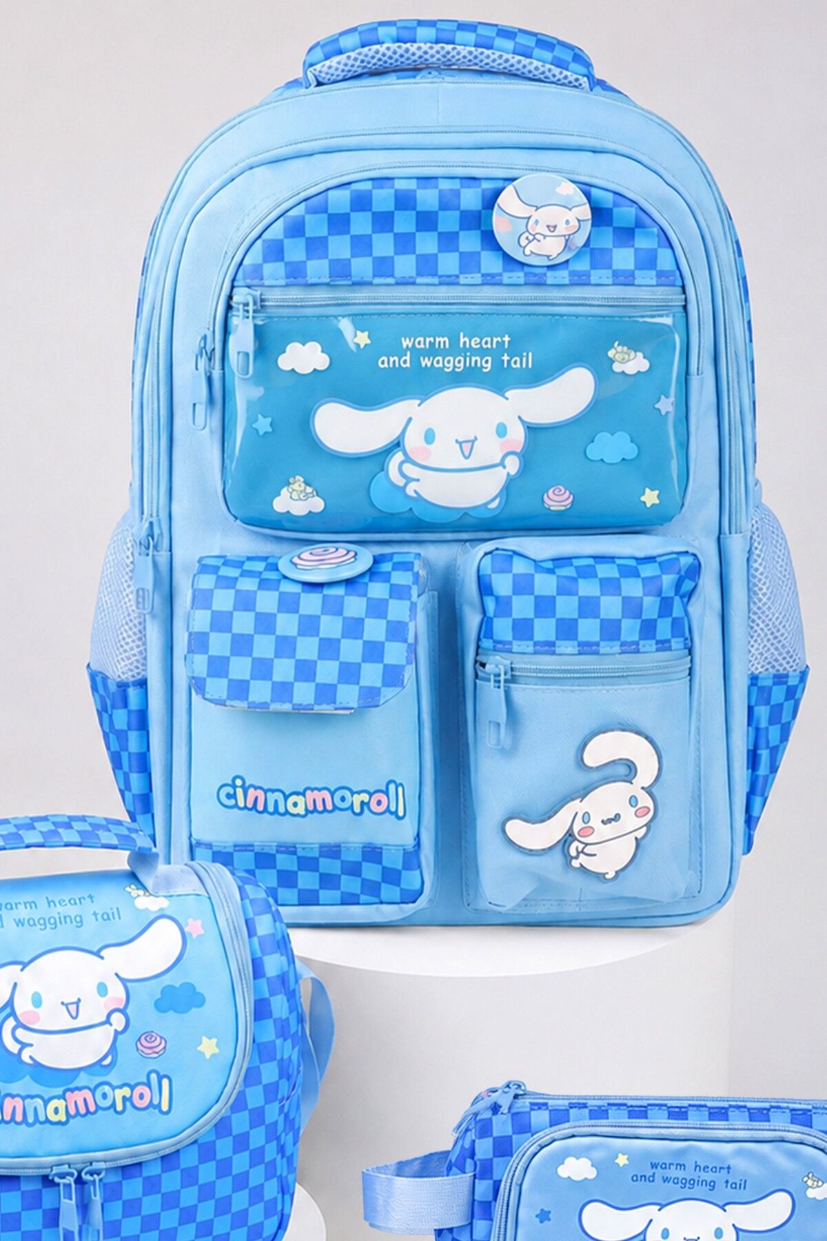 x Dekomus Lisanslı Cinnamoroll Blue Cloud Collection Okul,Termoslu Beslenme ve Kalem Çantası,Beslenme Örtüsü Seti