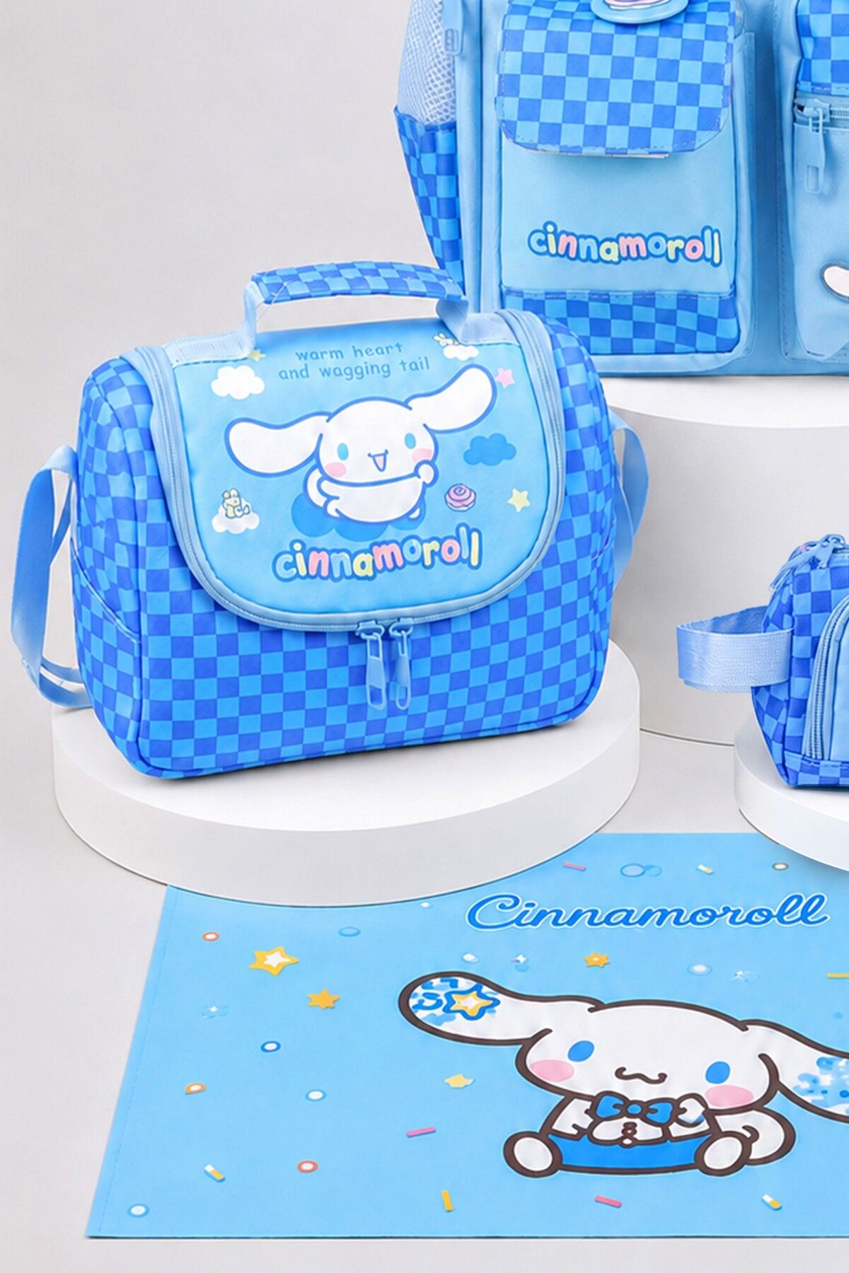 x Dekomus Lisanslı Cinnamoroll Blue Cloud Collection Okul,Termoslu Beslenme ve Kalem Çantası,Beslenme Örtüsü Seti