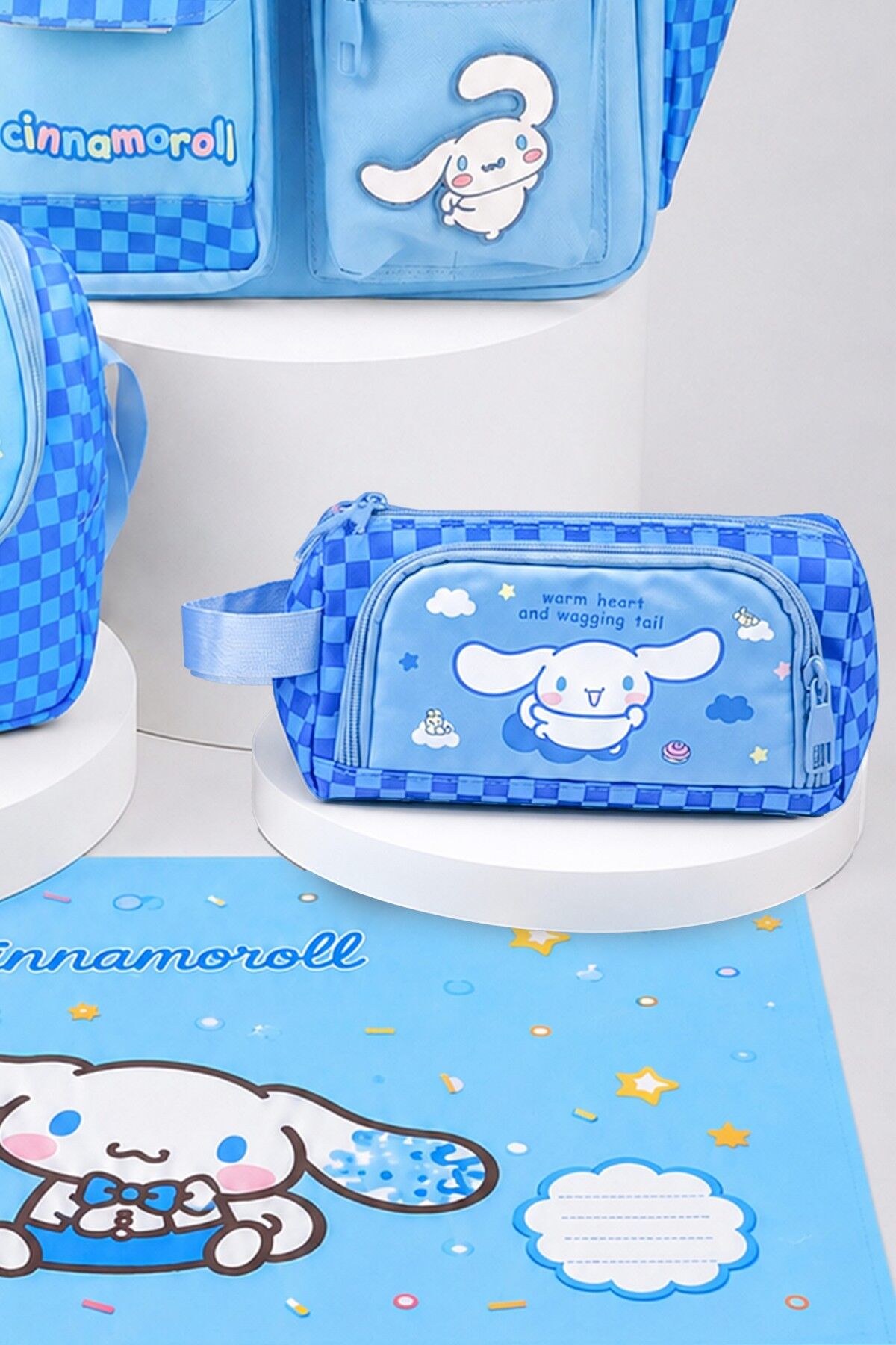 x Dekomus Lisanslı Cinnamoroll Blue Cloud Collection Okul,Termoslu Beslenme ve Kalem Çantası,Beslenme Örtüsü Seti
