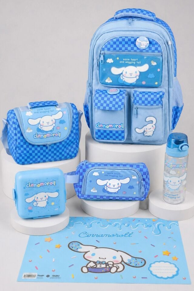 x Dekomus Lisanslı Cinnamoroll Blue Cloud Collection Okul,Termoslu Beslenme ve Kalem Çantası,Matara,Beslenme Kabı,Beslenme Örtüsü Seti
